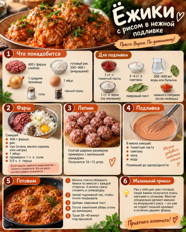 🍲 Ёжики с готовым рисом в томатно-сметанной подливке