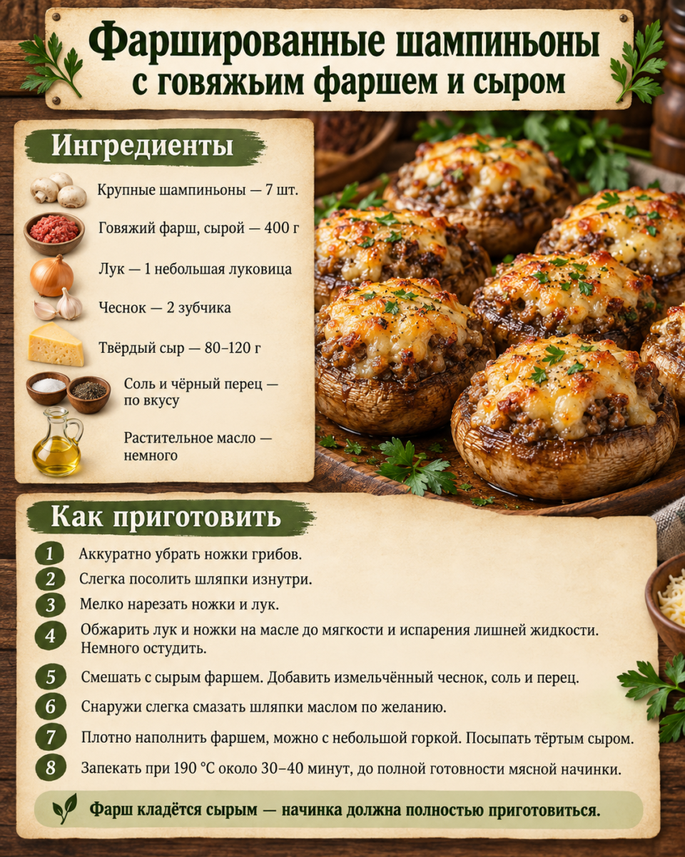 🍄 Фаршированные шампиньоны с говяжьим фаршем и сыром