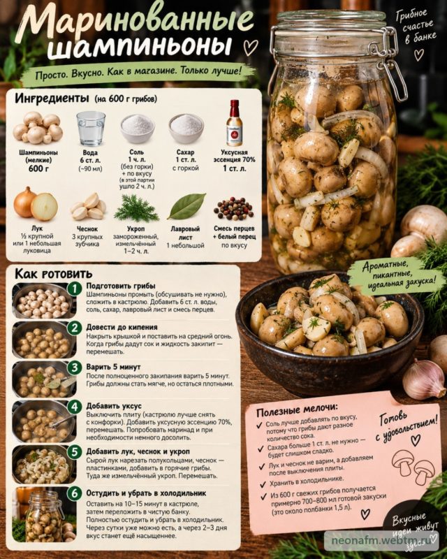 🍄 Маринованные шампиньоны с луком, чесноком и укропом