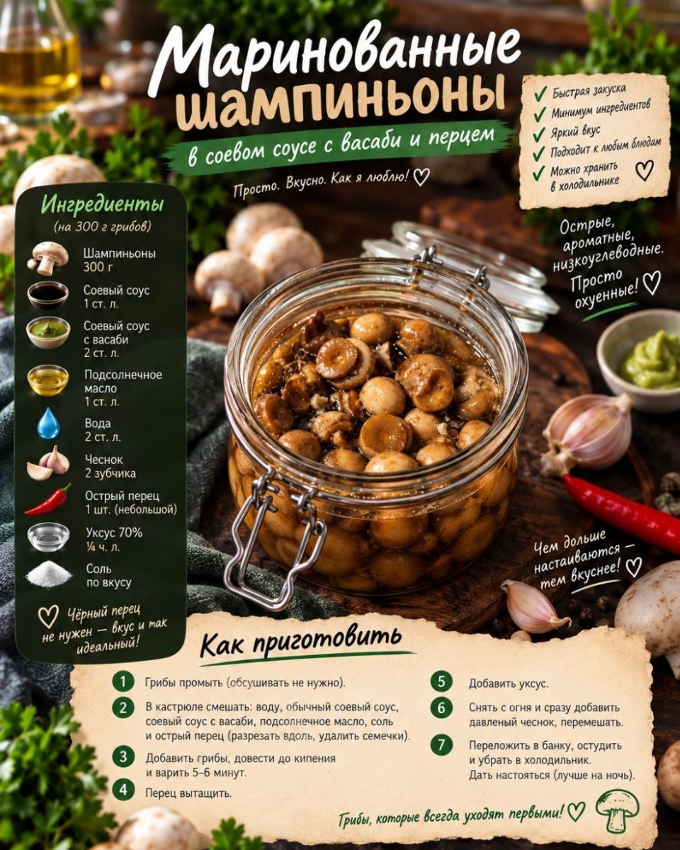🍄 Шампиньоны в соевом соусе с васаби и острым перцем