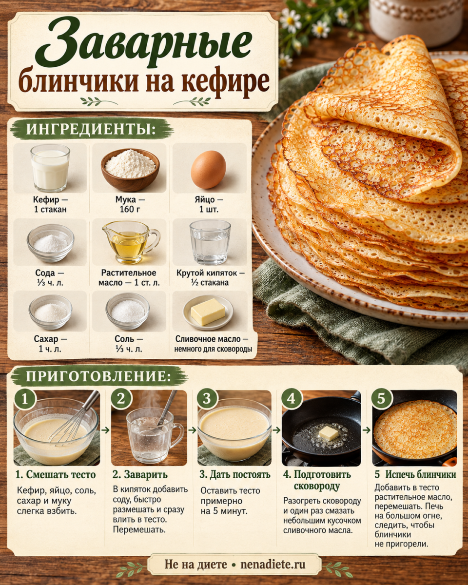 🥞 Заварные блинчики на кефире с кипятком